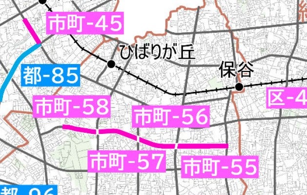 「第五次事業化計画」で新たに優先整備路線に追加された「西東京3・5・10号線」（市町ー55～57）。
