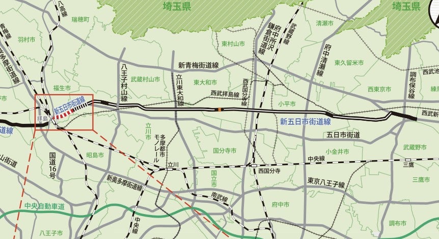 新五日市街道の計画ルート。ほとんどが未着手となっている。