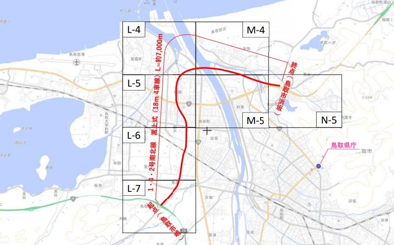 鳥取道から分岐する「鳥取西JCT～覚寺」工区。事業化の手前だ