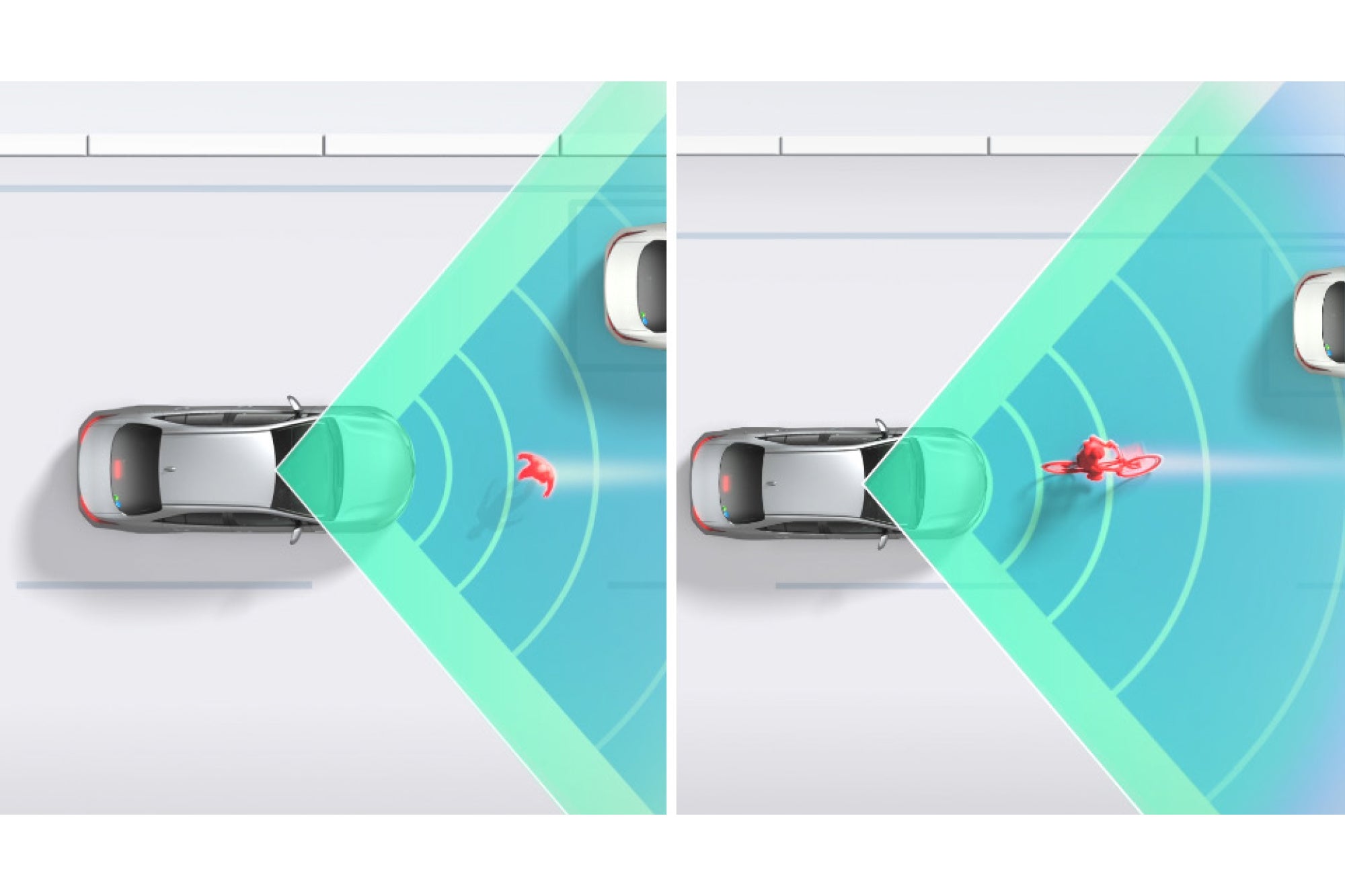 トヨタ・ハイエース｜プリクラッシュセーフティ：直進時の歩行者・自転車検知機能（作動イメージ）