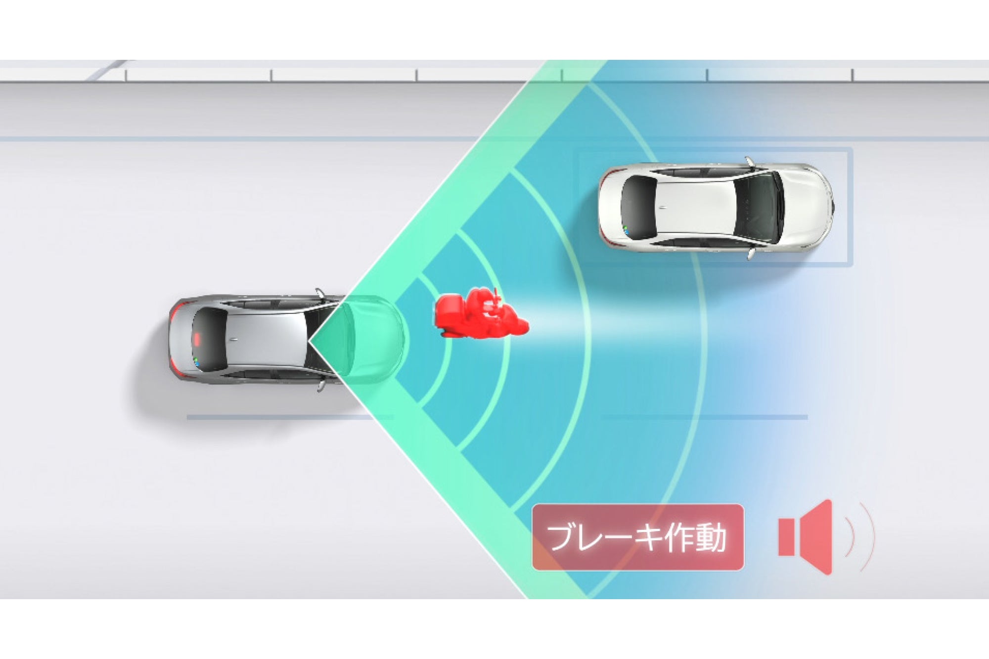 トヨタ・ハイエース｜プリクラッシュセーフティ：直進時の自動二輪車検知機能（作動イメージ）
