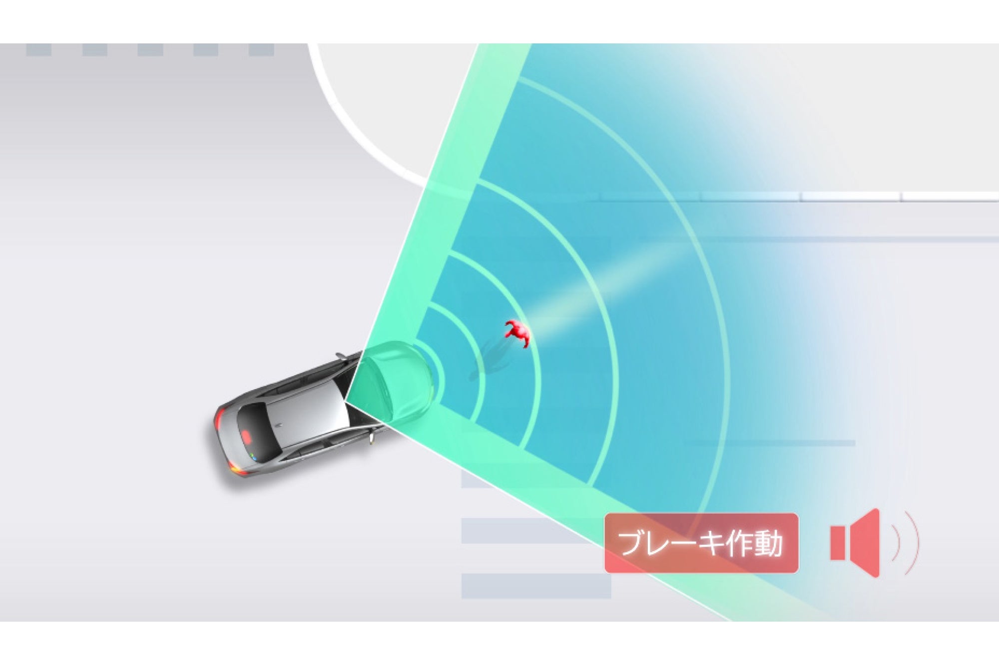 トヨタ・ハイエース｜プリクラッシュセーフティ：自車右左折時、対向方向から横断してきた歩行者や自転車も検知（作動イメージ）