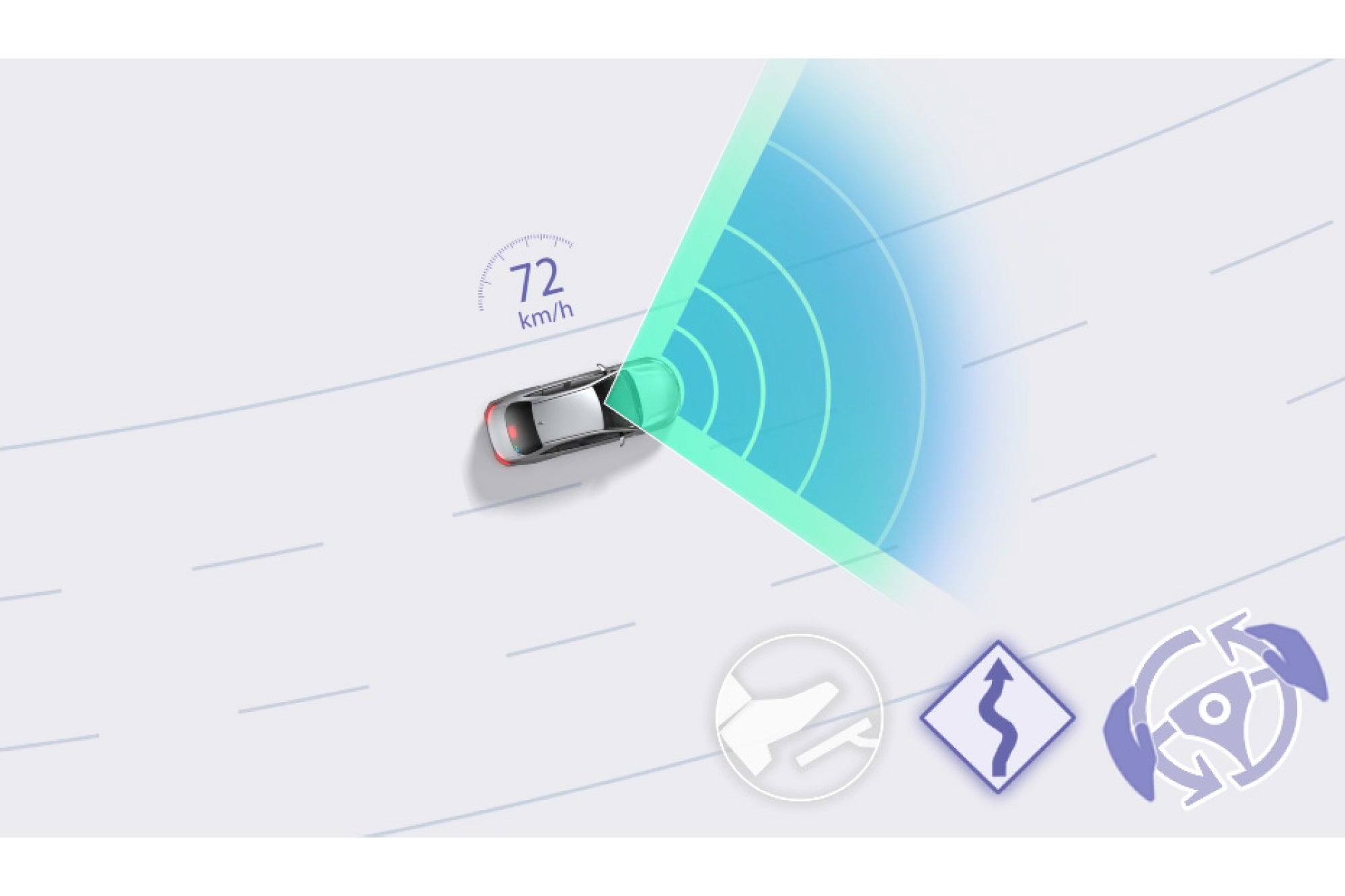トヨタ・ハイエース｜レーダークルーズコントロール：カーブ速度抑制機能（作動イメージ）