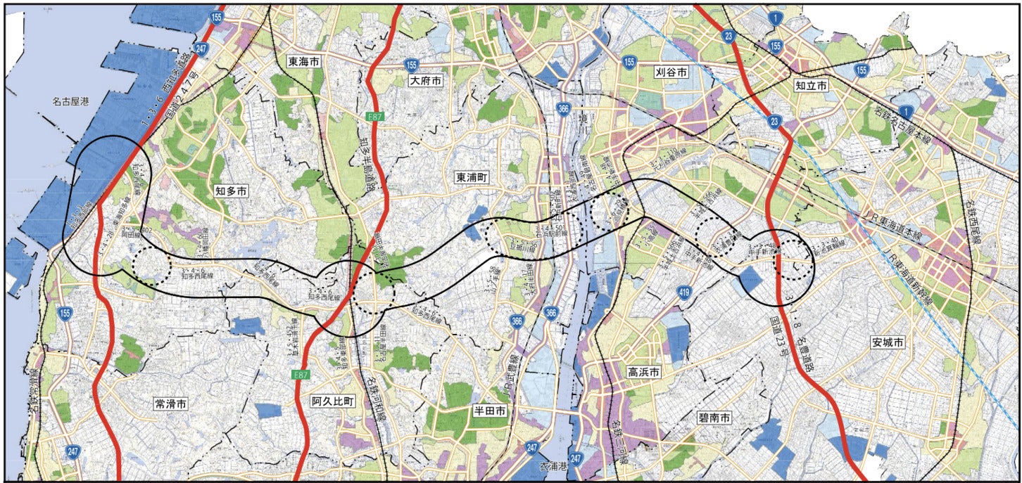 名古屋三河道路（西知多道路～名豊道路区間）ルート案。