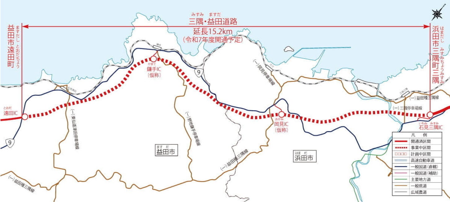 三隅・益田道路の路線図。