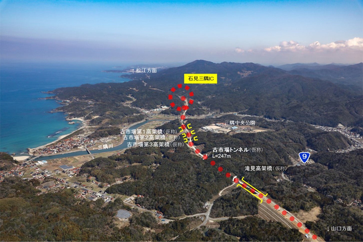 滝見高架橋（仮称）から松江方面を望む。2025年3月撮影。