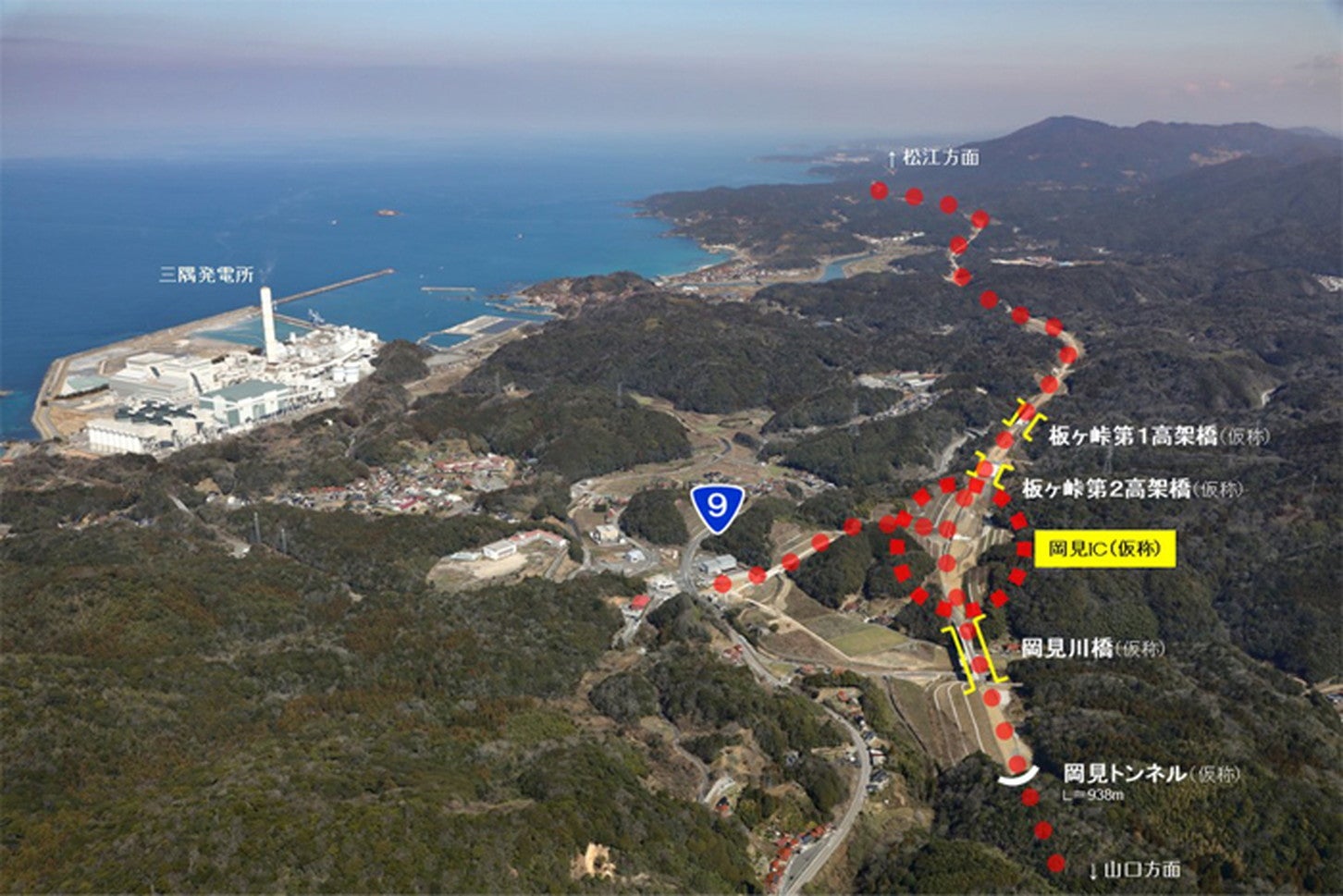 岡見IC（仮称）から松江方面を望む。2025年3月撮影。