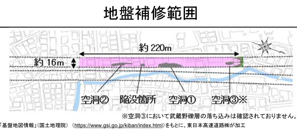 陥没地点の地盤補修範囲。