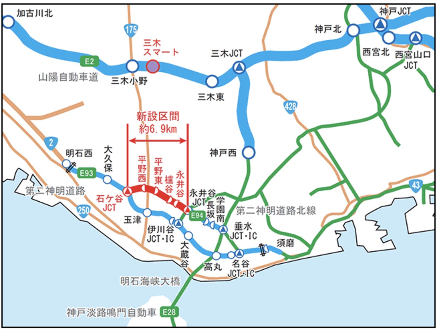神戸西バイパスの路線図。