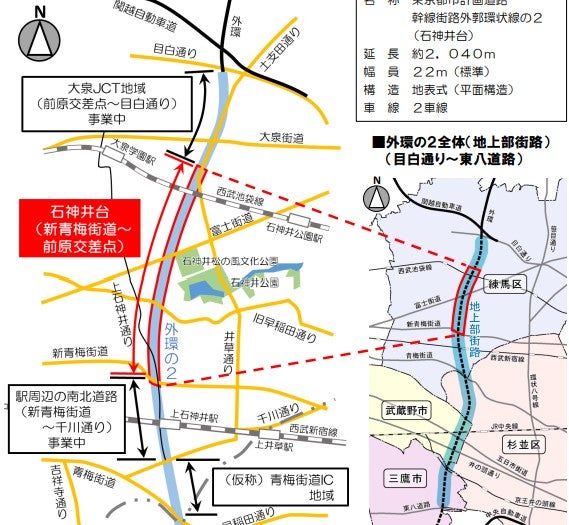 外環道の地上部に計画されている都市計画道路「外環の2」