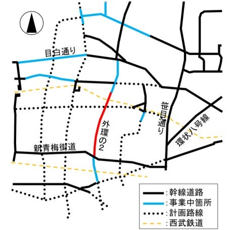 外環道の地上部に計画されている都市計画道路「外環の2」