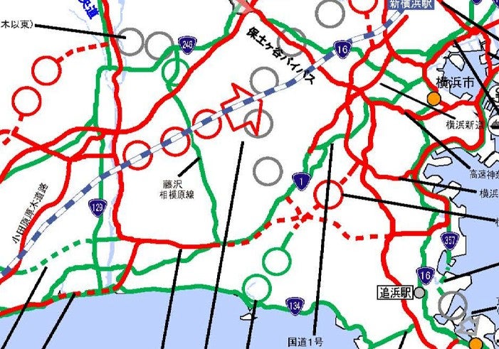 「新広域道路交通計画」で検討中となっている、新東名の海老名～横浜区間。