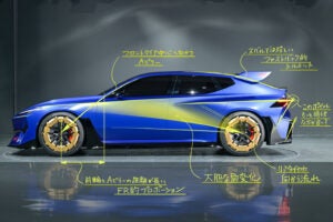 前輪の位置、ファストバック的シルエット、大胆な面変化など従来のスバル車と異なる要素が多いサイドビュー。