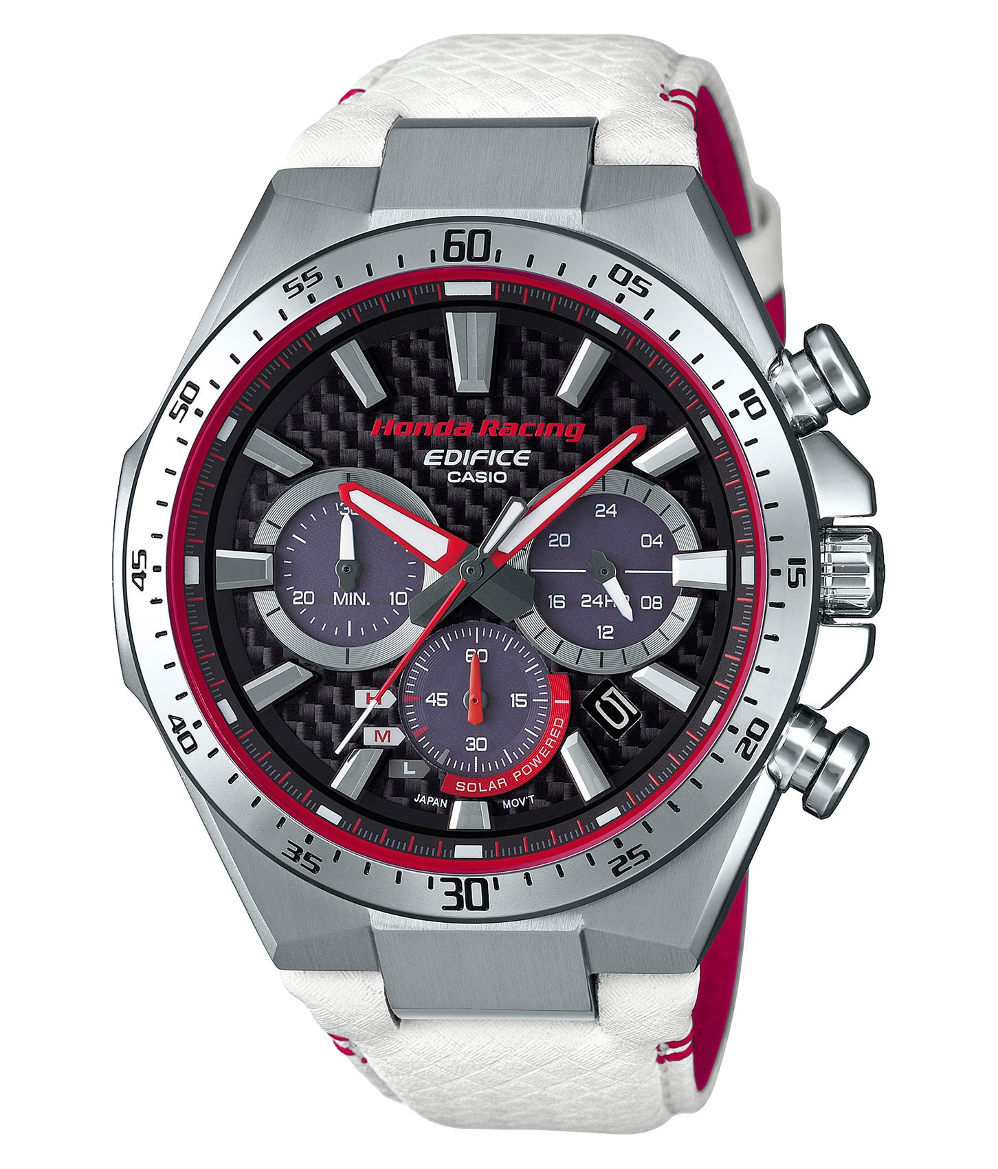HondaとEDIFICEの最初のコラボモデル「EQS-800HR」。Hondaレーシングのイメージカラーである赤と白を基調にデザインされた。ダイアルにカーボン素材を採用し、Honda Racingのロゴを刻印する。2018年10月12日発売。