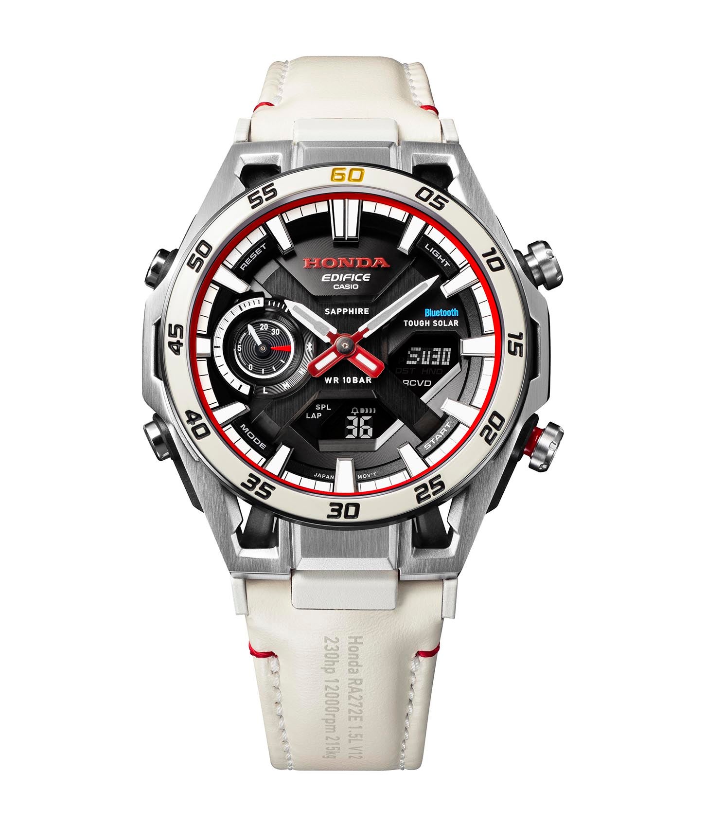 Honda×EDIFICEのコラボ10作目のコンセプトは1965年の「HondaのF1初優勝」だ。この歴史的偉業の60周年を受けて、記念コラボレーションモデル「ECB-2300HR」が誕生した