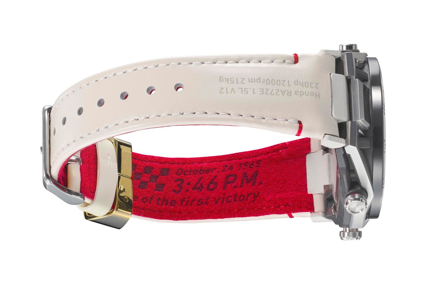 バンドの裏側にはHondaから支給されたエンジンの図面と優勝したレースタイムの2:08:32.10が記される。バンドは表面にナッパレザー、裏面にウルトラスエードを組み合わせ、質感と耐久性を兼ね備えている