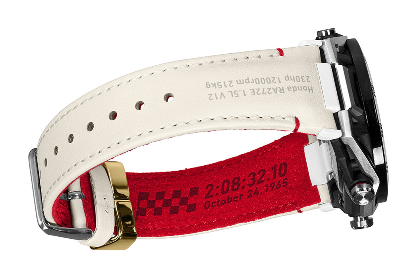 バンドの裏側にはHondaから支給されたエンジンの図面と優勝したレースタイムの2:08:32.10が記される。バンドは表面にナッパレザー、裏面にウルトラスエードを組み合わせ、質感と耐久性を兼ね備えている