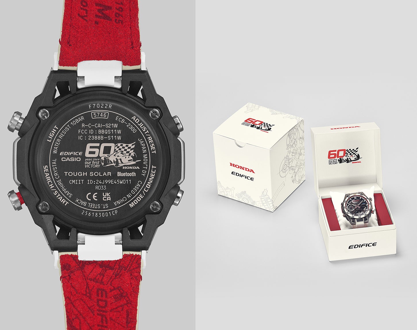 裏蓋にはRA272と60の文字が際立つ「Hondaオリジナルのアニバーサリーロゴ」を刻印。またロゴをあしらったオリジナルボックスも用意される