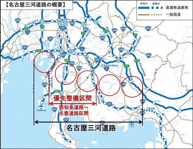 名古屋三河道路の位置図。