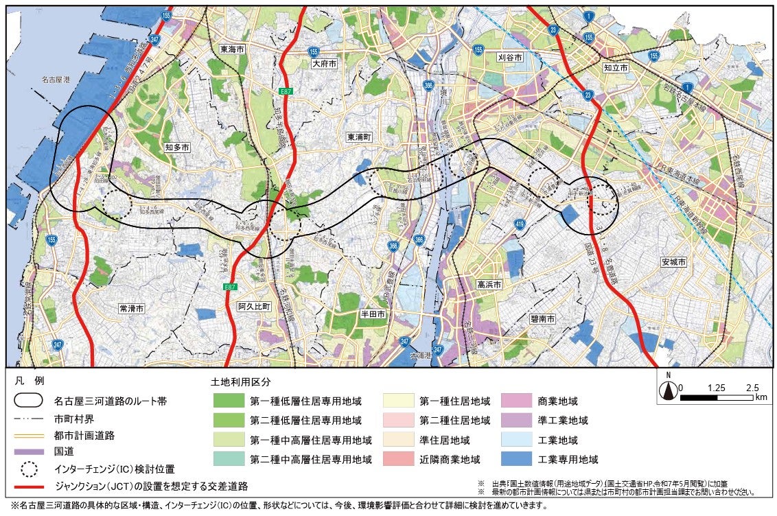 名古屋三河道路（西知多道路～名豊道路）のルート案。
