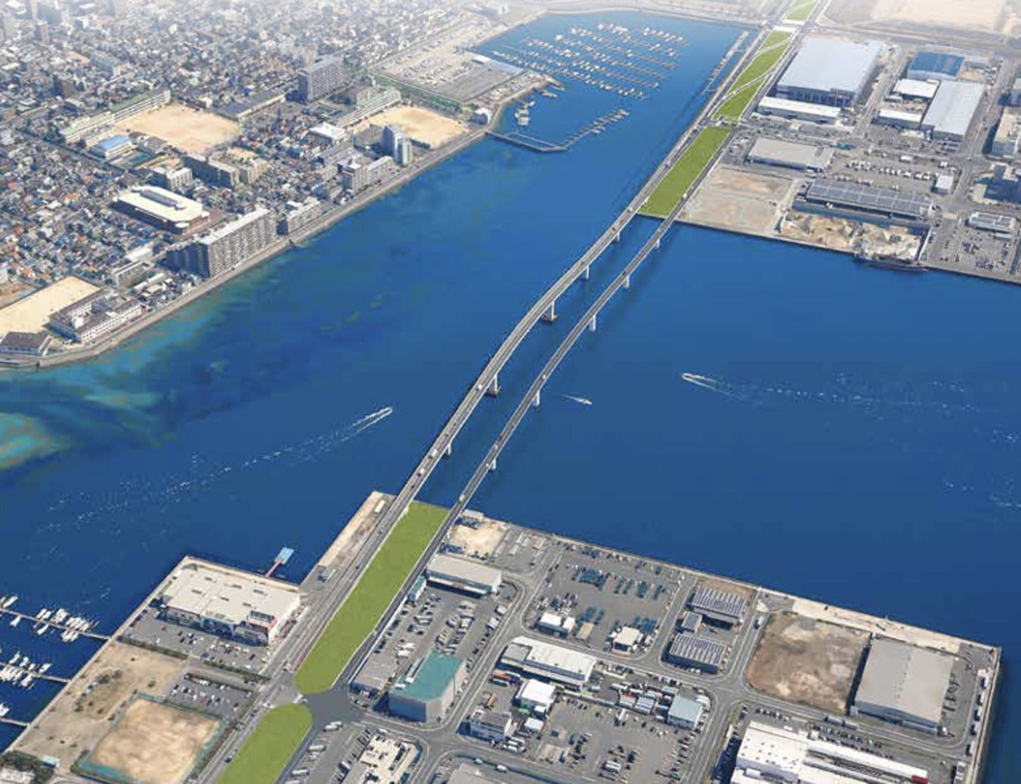 空から見下ろす臨港道路廿日市草津線の4車線化