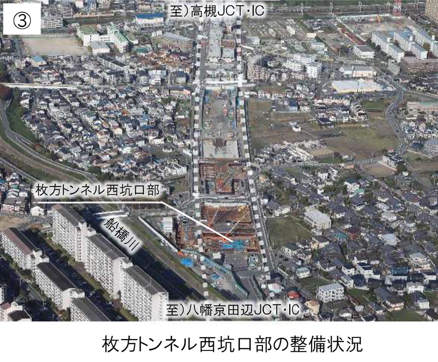 新名神高速 枚方トンネル西坑口部の工事状況。2025年11月撮影。