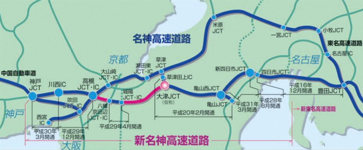 新名神高速は八幡京田辺JCT・IC～高槻JCT・ICと大津JCT～城陽JCT・ICが未開通。
