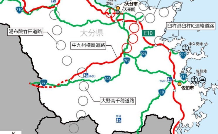 中九州縦貫ルートの1つ「湯布院竹田道路」の位置図。
