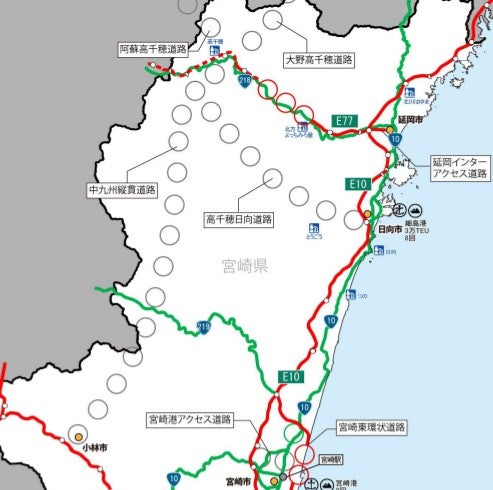 中九州縦貫ルートの1つ「中九州縦貫道路」の位置図。
