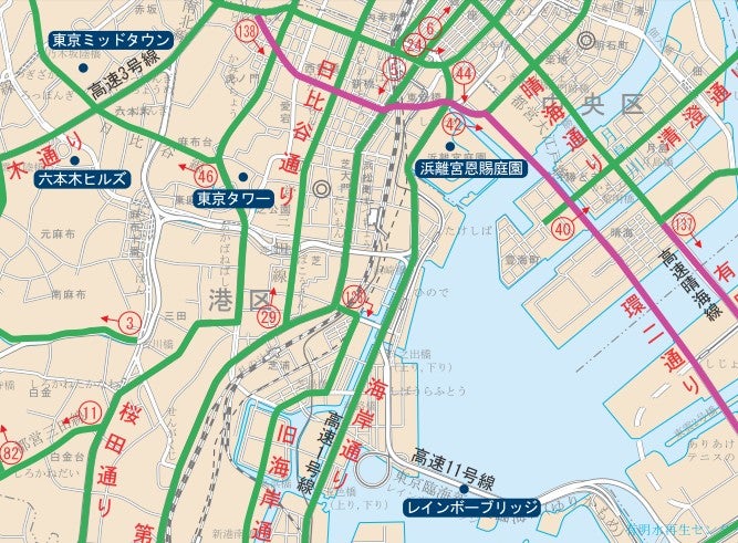 都心臨海部の南北ルートとなる海岸通り。