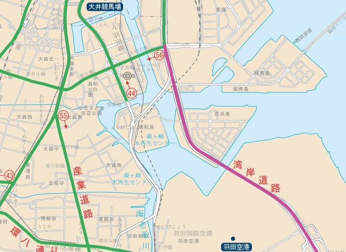 都心臨海部の南北ルートとなる海岸通り。一般道路としては昭和島付近で途切れている。