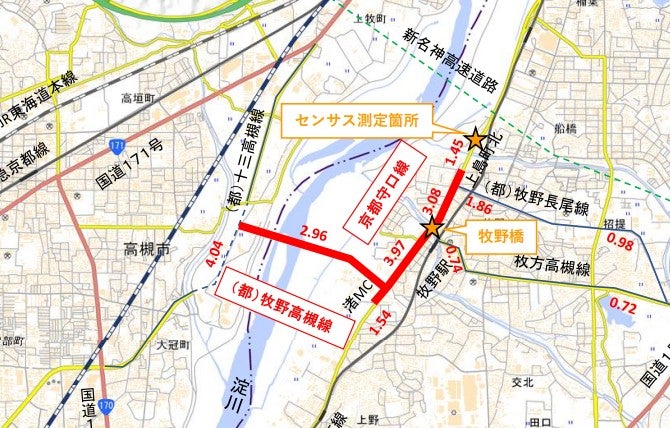 牧野高槻線と関連事業の計画概要。