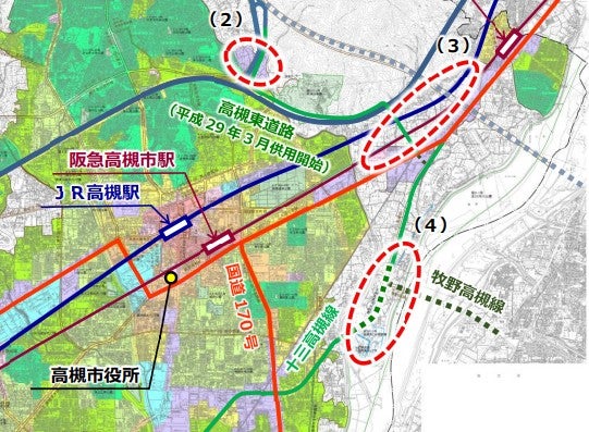 牧野高槻線と関連事業の計画概要。