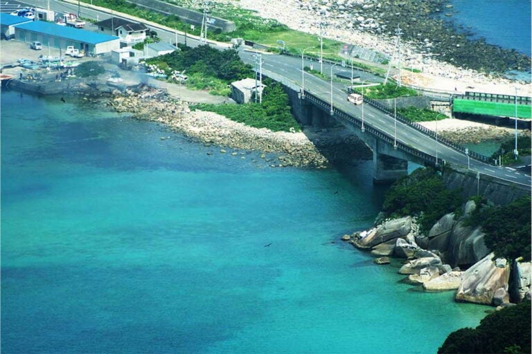 島のすぐそばに広がる、深い青と鮮やかなエメラルドグリーンがにじみ混ざり合ったかのような海