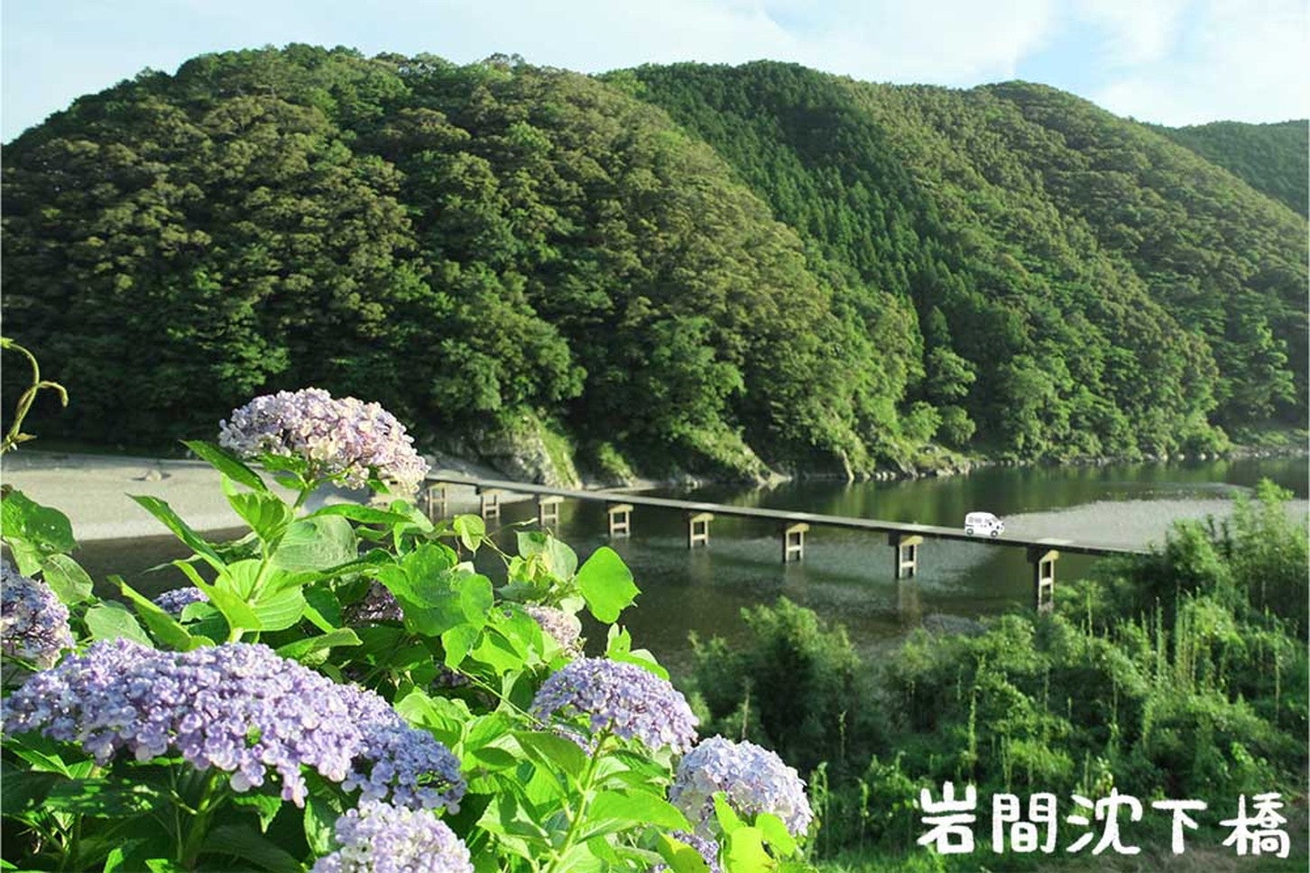 売店やトイレなどもある駐車場から眺めた景色。岩間沈下橋と紫陽花のコントラストがまるで絵画のよう