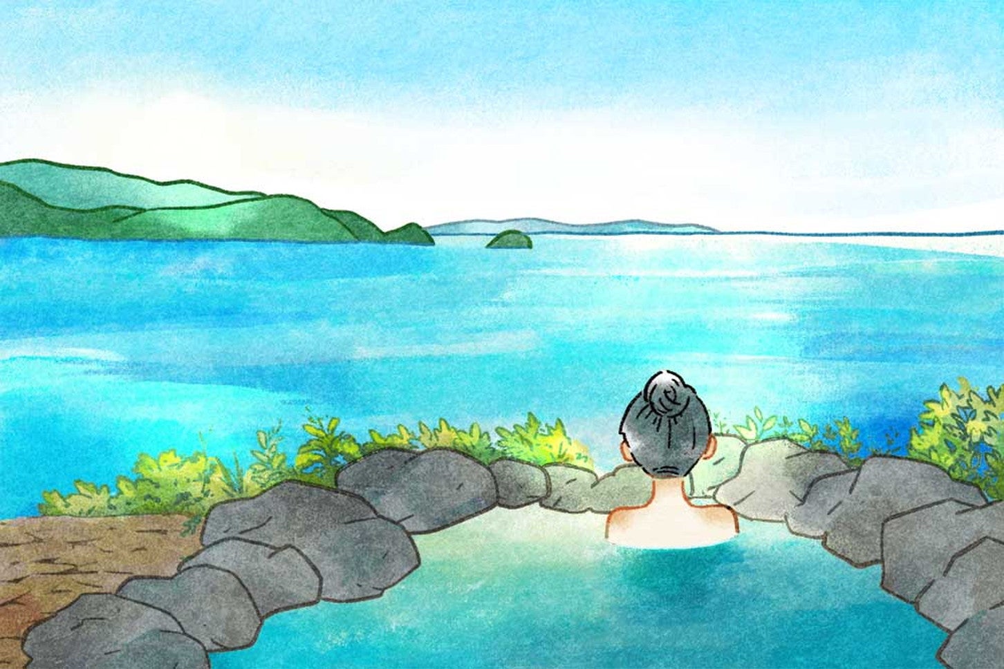 太平洋に向かって配置された岩風呂。海と温泉が繋がっているような、不思議な気持ちになりました