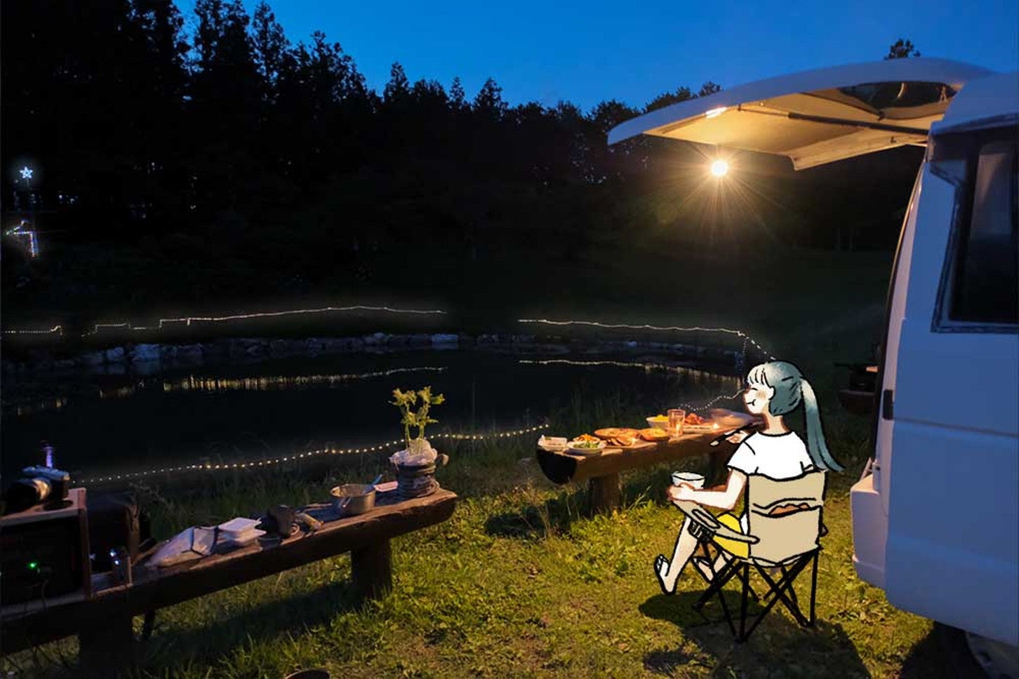 池の向こうではイルミネーションが光ります。贅沢な時間だなあ…