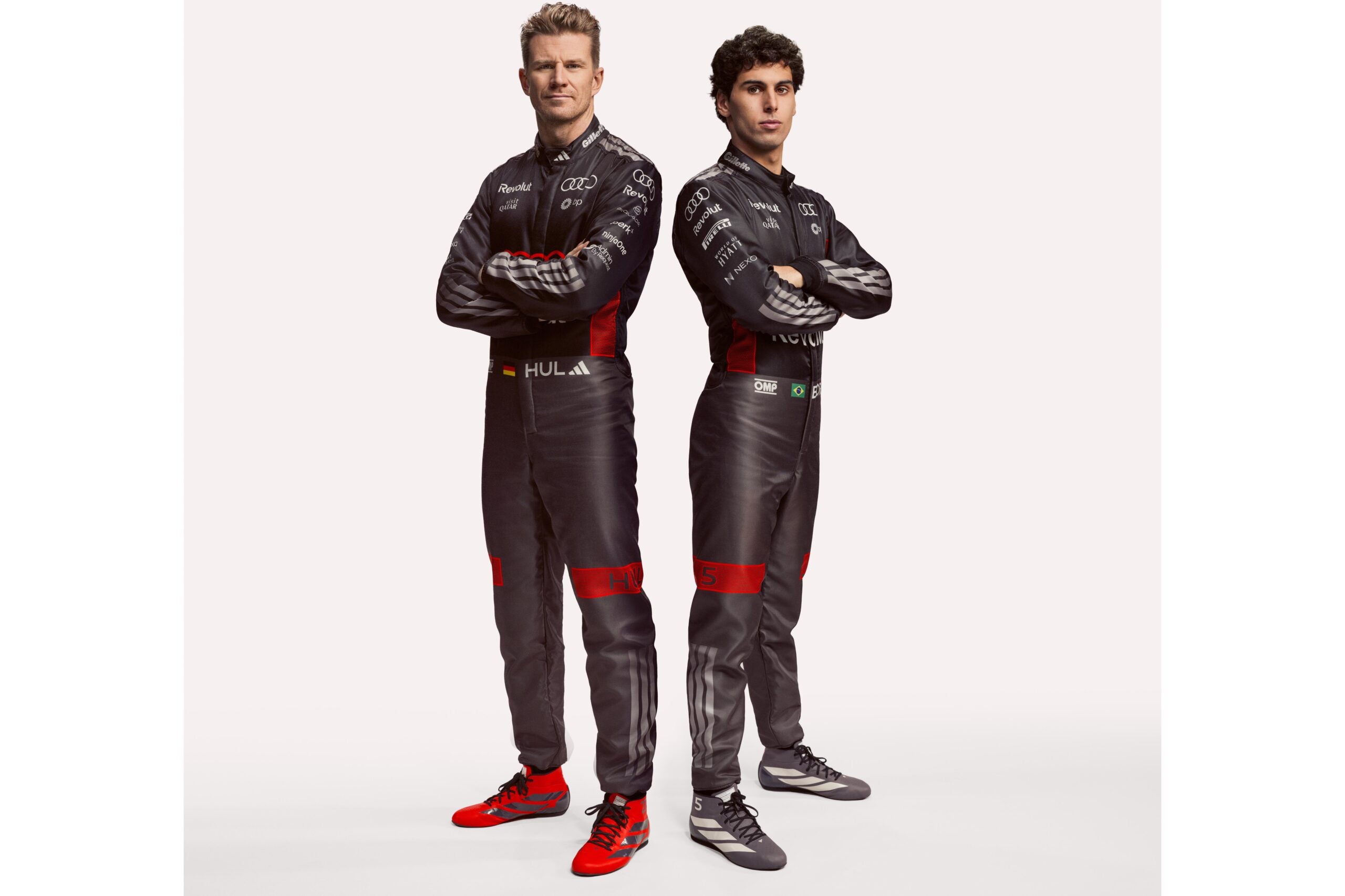 アディダス×アウディレボリュートF1チームコレクション｜写真左からニコ・ヒュルケンベルグ選手、ガブリエル・ボルトレート選手