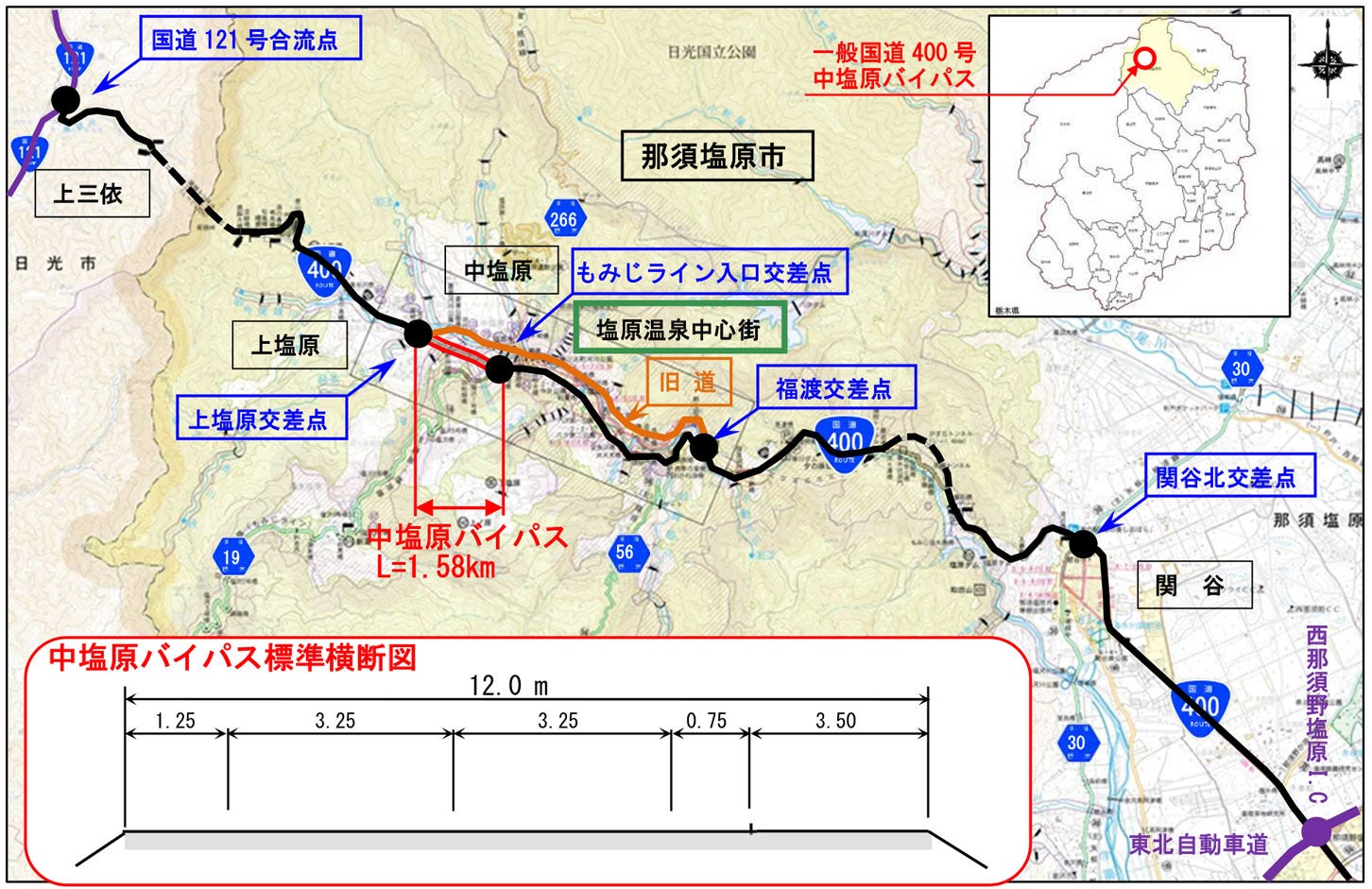 国道400号「中塩原バイパス」の概要。