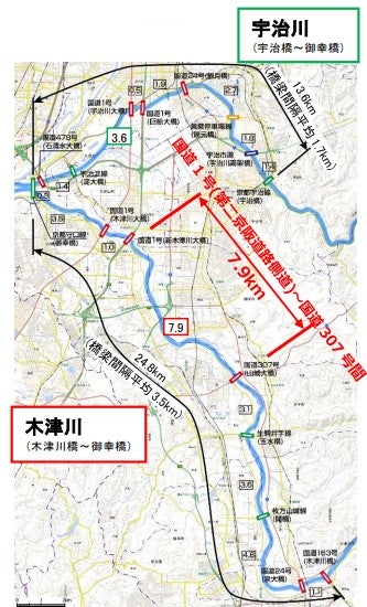 近隣の河川は橋が均等に架けられているが…