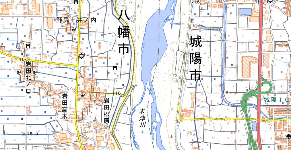 府道「内里城陽線」（黄色着色の道路）は木津川で分断状態になっている。