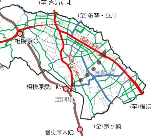 相模野幹線の概要（茶色点線）。
