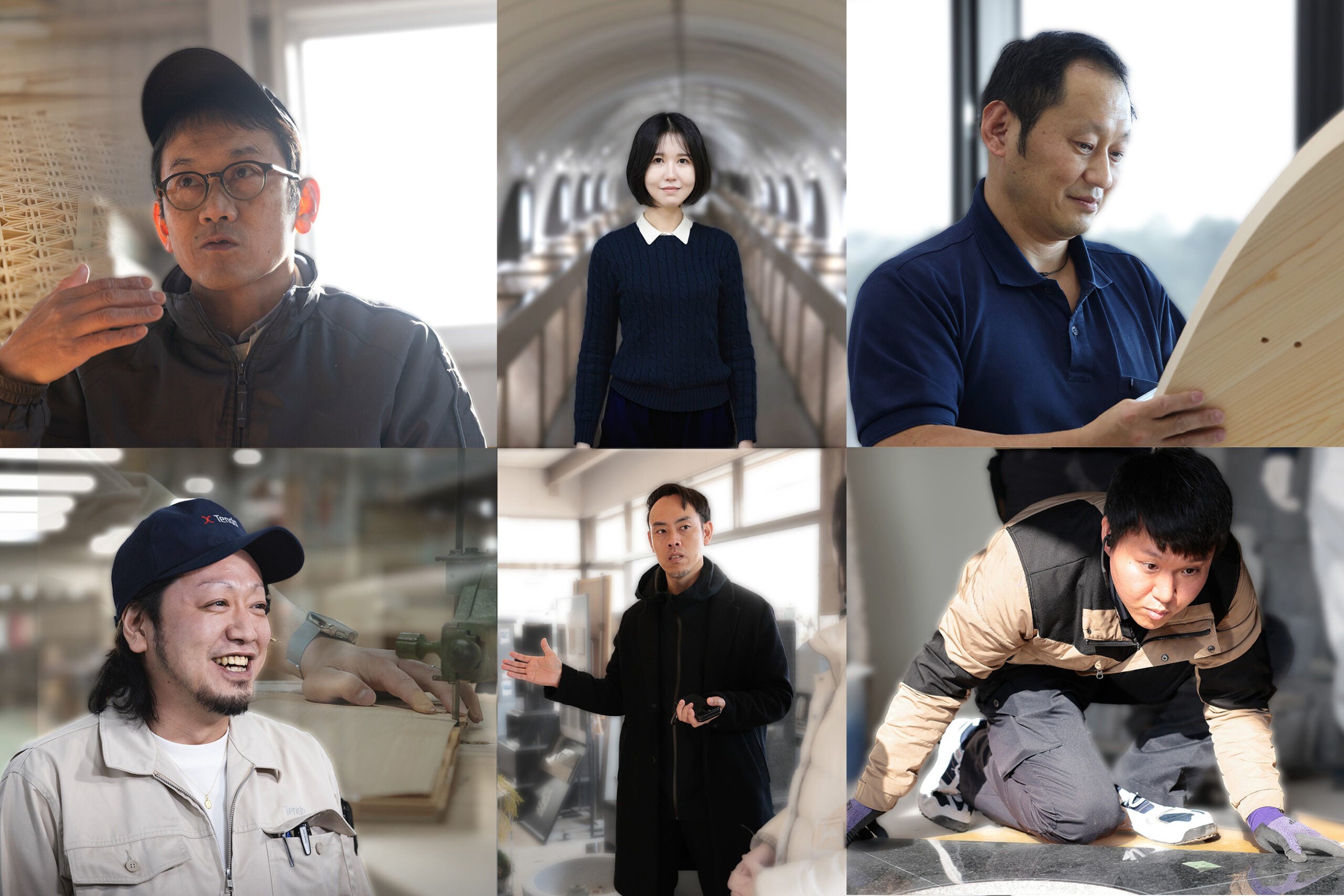 “Discover Together”参加クリエイター｜レクサスインハウスデザイナー（写真左上から指勘建具工芸・黒田 裕次、レクサスインハウスデザイナー・田村ゆり、レクサスインハウス木型職人・山下真五、天童木工・中田一浩、レクサスインハウスデザイナー・高畠元、稲垣石材店・稲垣遼太）