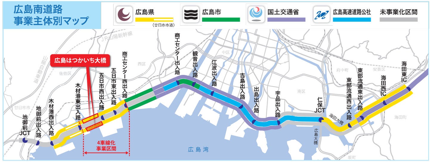 広島南道路事業主体別マップ。