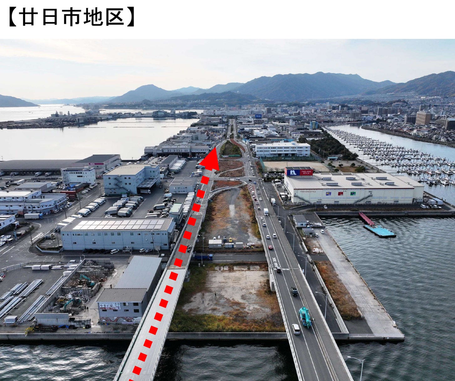 広島はつかいち大橋の工事進捗状況。2025年12月10日撮影。