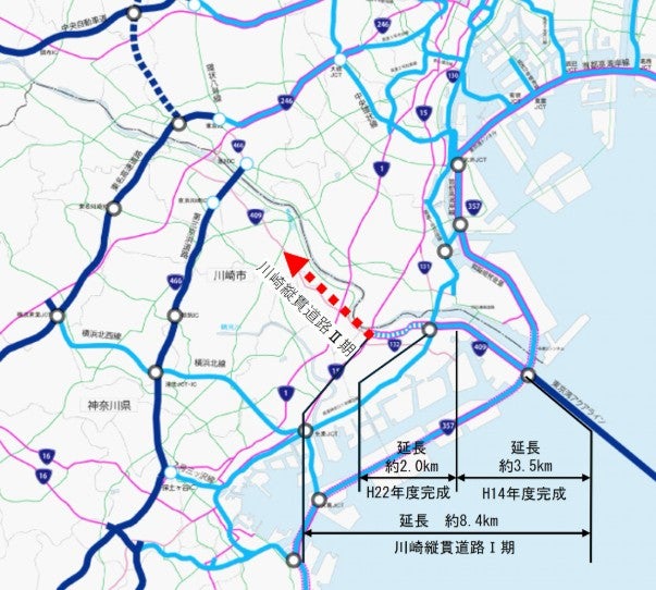 川崎縦貫道路の概略図。
