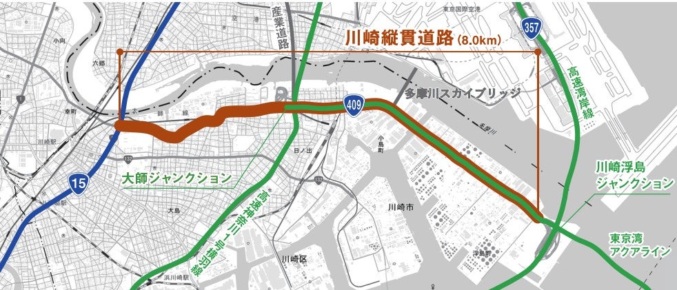 川崎縦貫道路1期区間の概略図。
