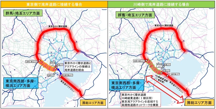 外環道「東名～湾岸」工区の東京側ルートと川崎側ルートの比較。特に差はないようだ