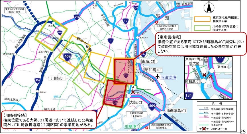 外環道「東名～湾岸」工区の東京側ルートと川崎側ルートの比較。川崎側がやや優勢か