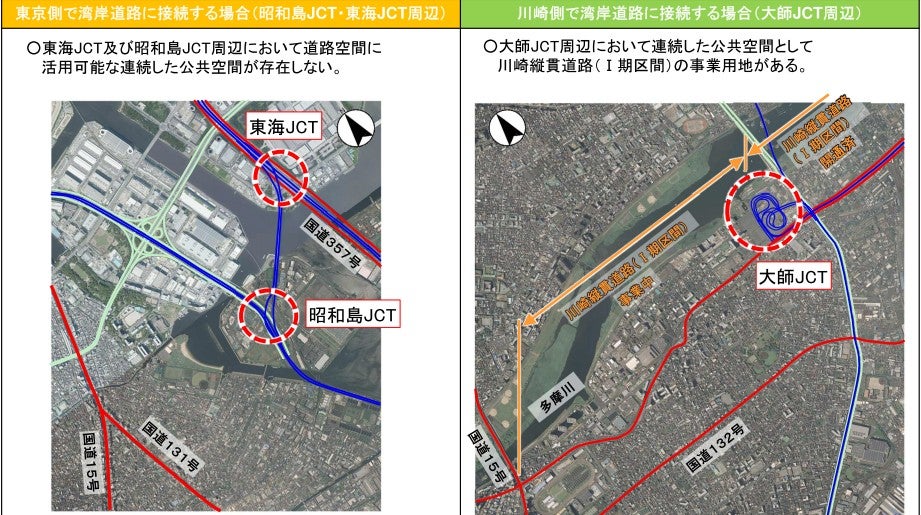 外環道「東名～湾岸」工区の東京側ルートと川崎側ルートの比較。川崎側がやや優勢か